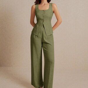 Army Green Casual Women's Summer Linen Sleeveless Vest Top And Trousers Set
